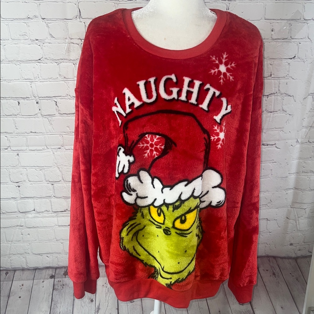XL   (15-17) Red Naughty Grinch Christmas Fuzzy Sweater Top. Soooo soft.